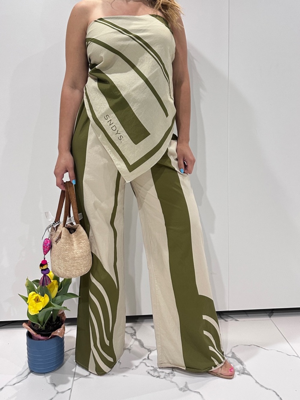 Sandys co-ord set beige & khaki – scarf top + wide leg trousers